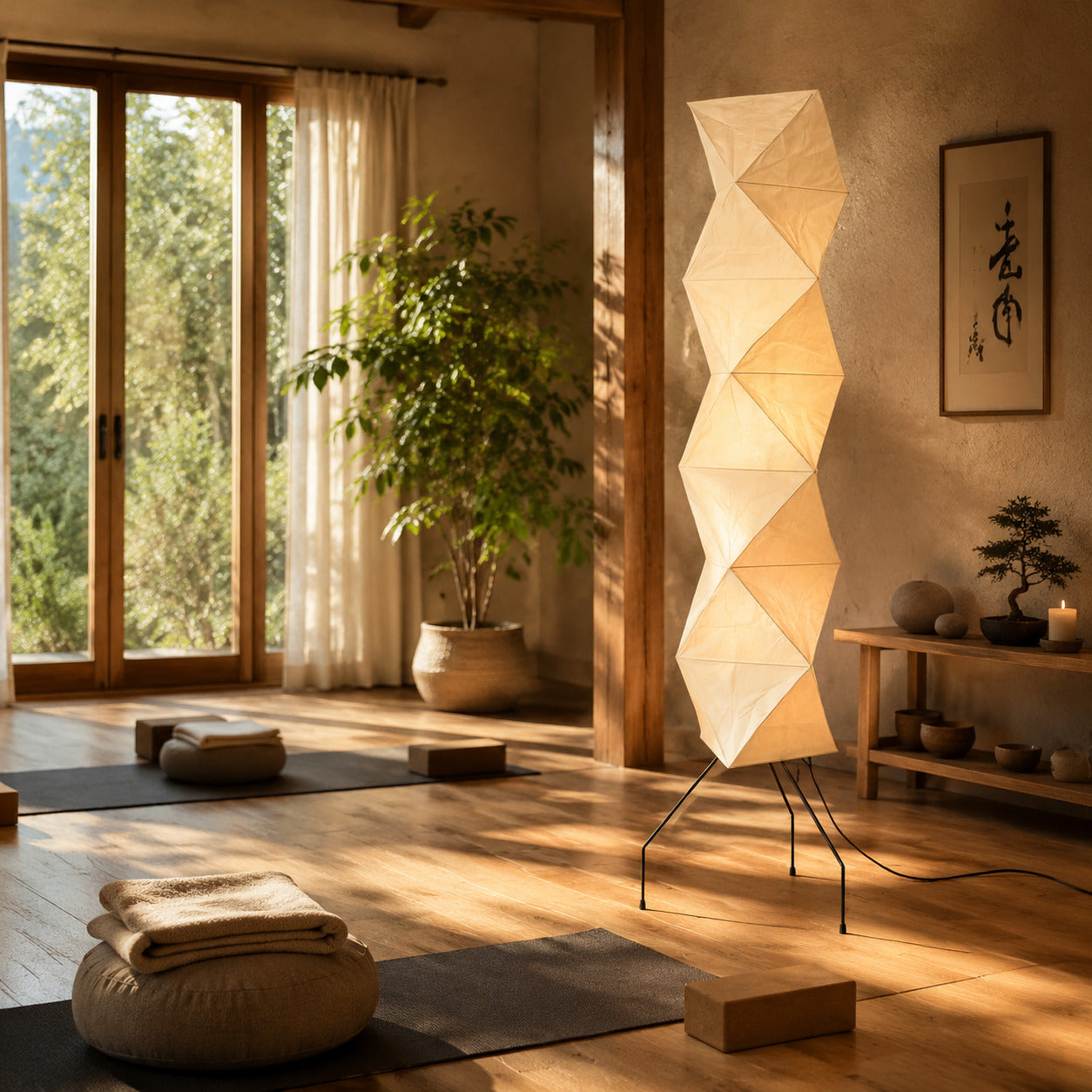 Akari UF4-L8 floor lamp wabi sabi japandi zen space washi paper tall sculptural warm American home lifestyle interior styled