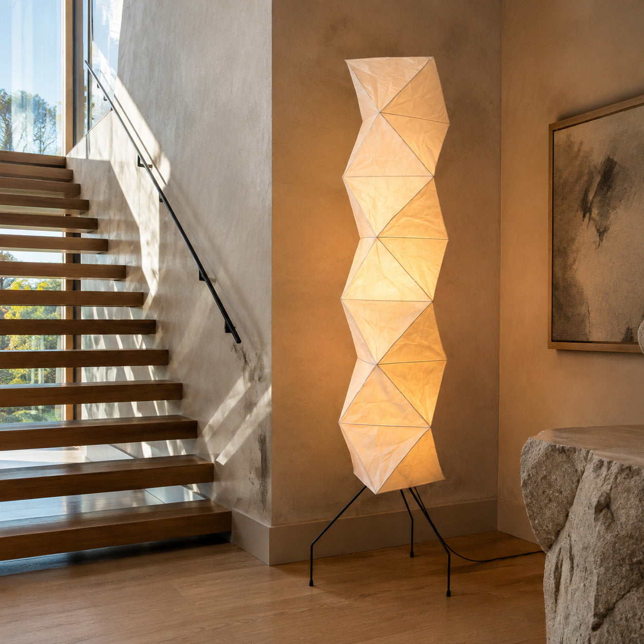 Akari UF4-L8 floor lamp entryway hallway corner soft glow washi paper tall sculptural American home lifestyle interior styled