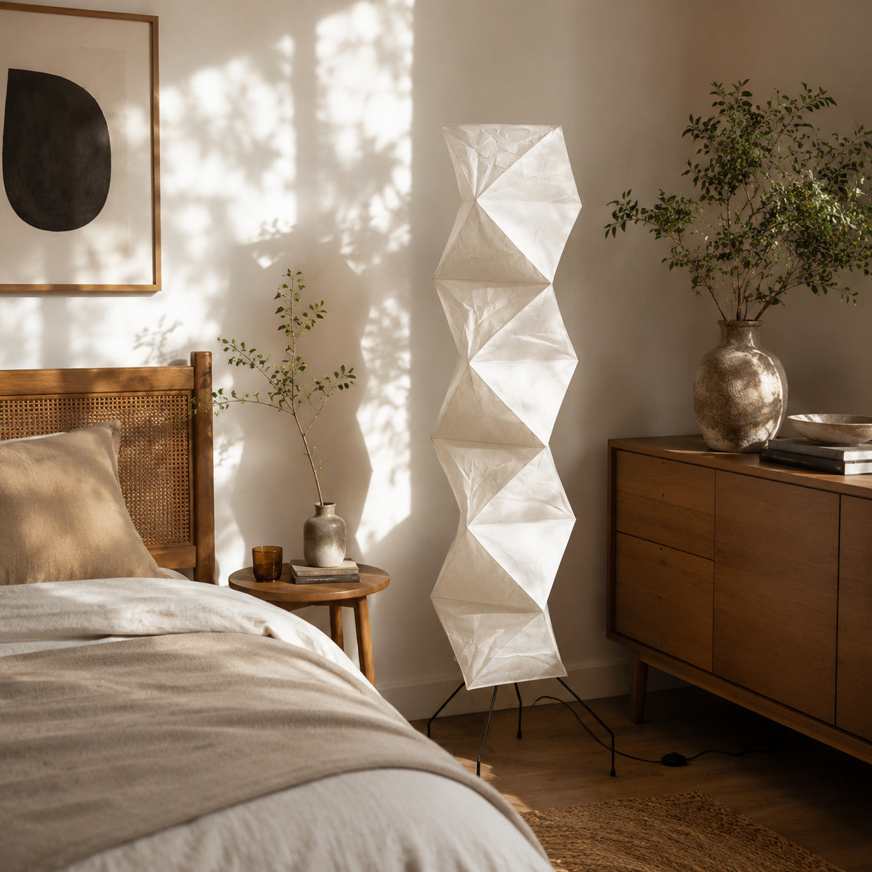 Akari UF4-L8 floor lamp bedroom corner soft ambient glow washi paper tall Japanese minimalist cozy American home lifestyle interior styled