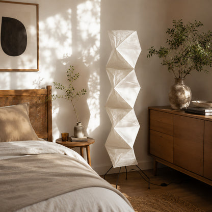 Akari UF4-L8 floor lamp bedroom corner soft ambient glow washi paper tall Japanese minimalist cozy American home lifestyle interior styled