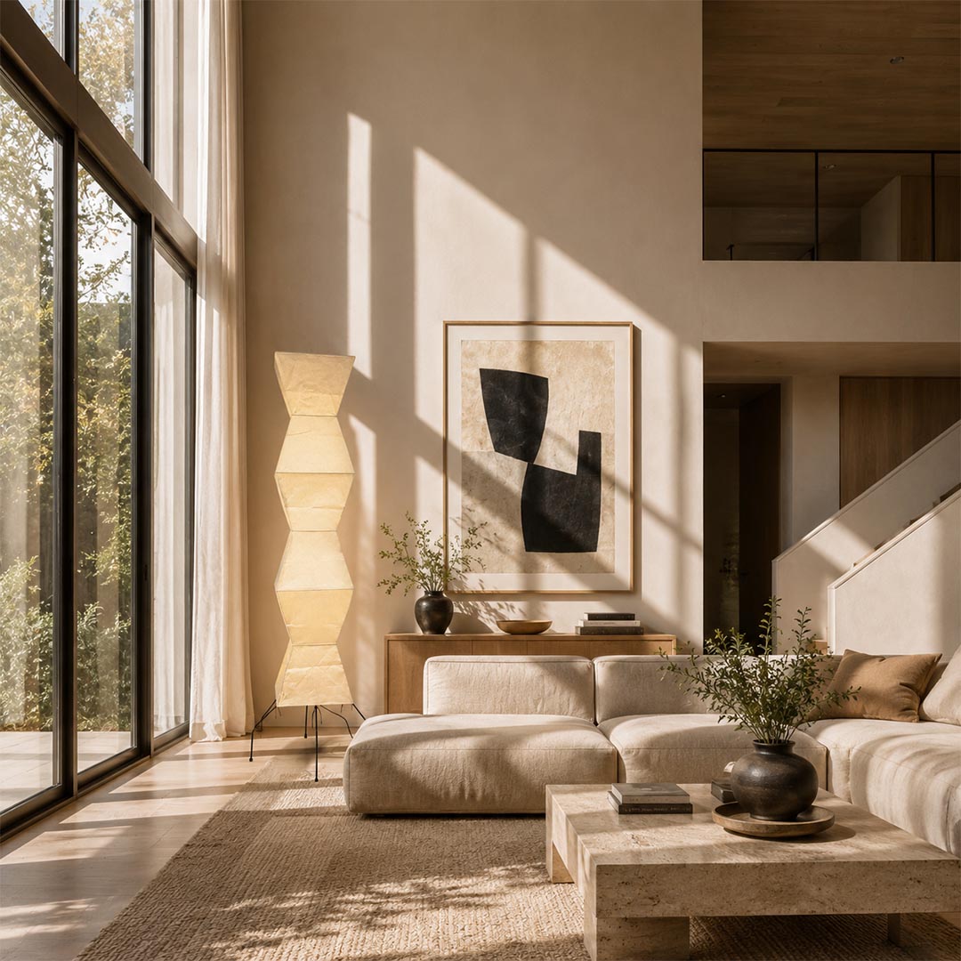 Dramatic high-ceiling Wabi-Sabi living room layout featuring a tall Akari UF4-L9 Paper Floor Lamp by Stuber Lighting.