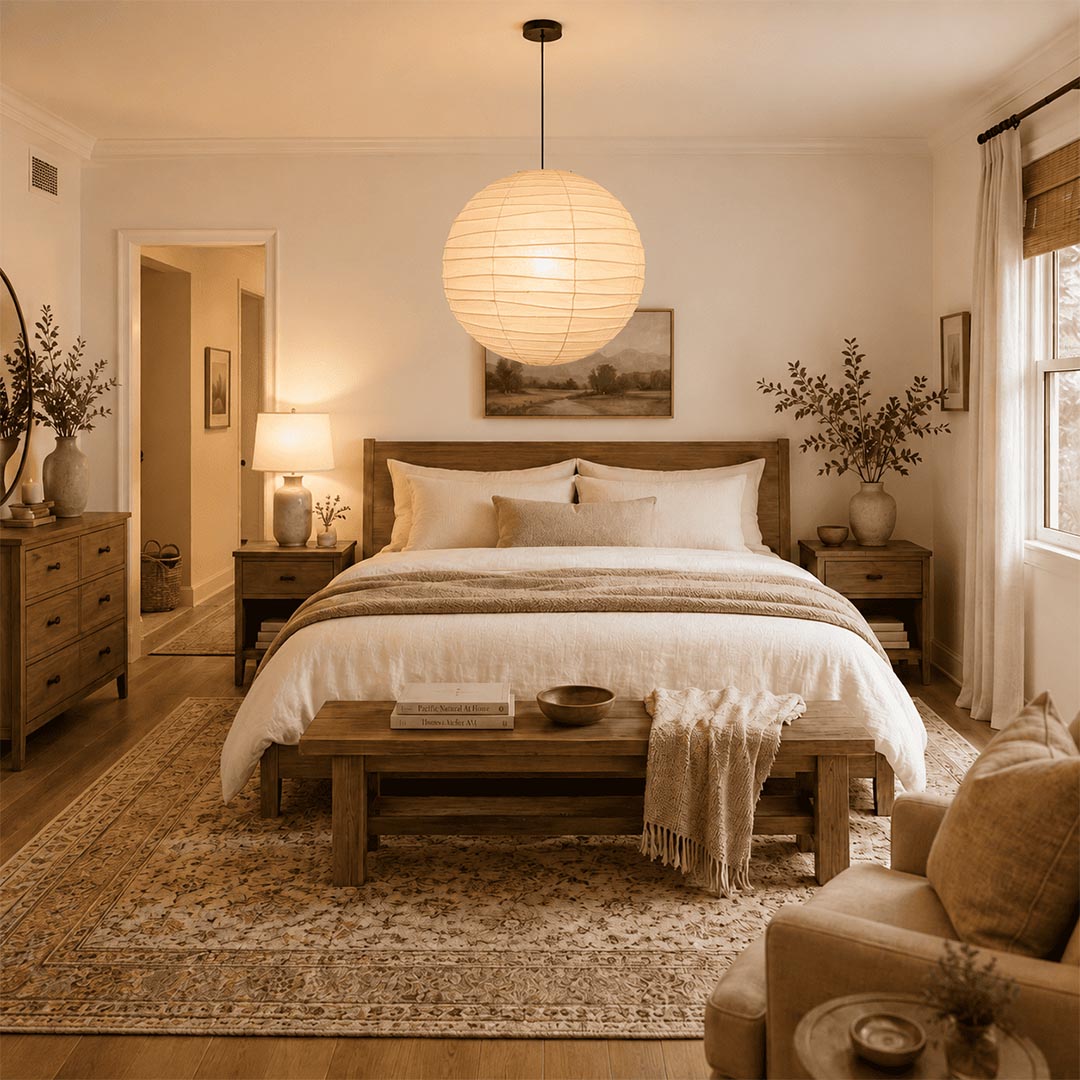 A large round Washi paper pendant light hanging as a centerpiece in a cozy bedroom with wooden furniture and warm neutral tones, Japandi style home decor.