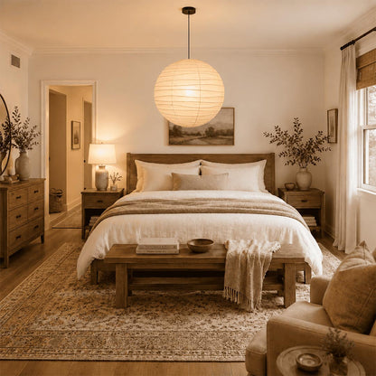 A large round Washi paper pendant light hanging as a centerpiece in a cozy bedroom with wooden furniture and warm neutral tones, Japandi style home decor.