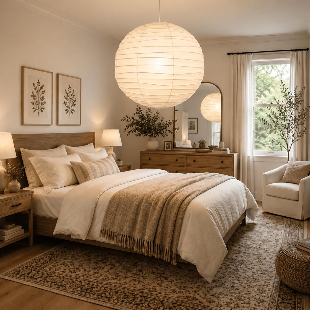 Spherical paper lantern ceiling light illuminating a bed with white linens and a wooden frame, warm indoor lighting.