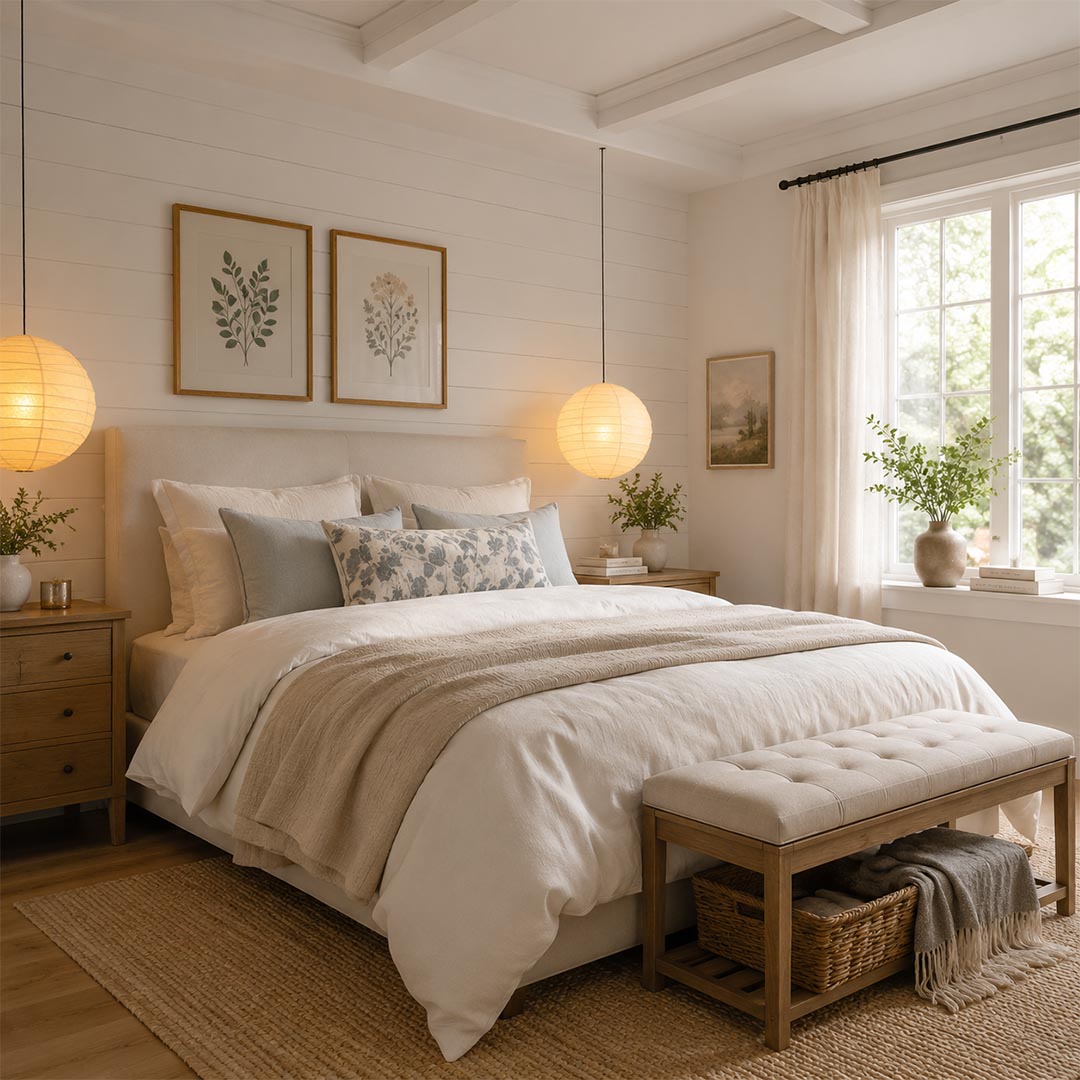 Two round, paper lanterns serve as visual focal points, hanging on either side of the bed in this cozy bedroom. Outfitted with wooden furniture and a warm neutral palette, the space beautifully showcases a Japandi style