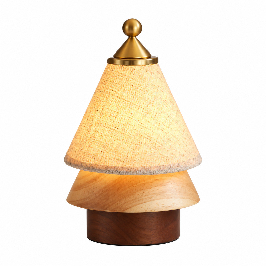 Alberello cordless table lamp shaped like a Christmas tree with a glowing fabric shade, natural wood tier and walnut base