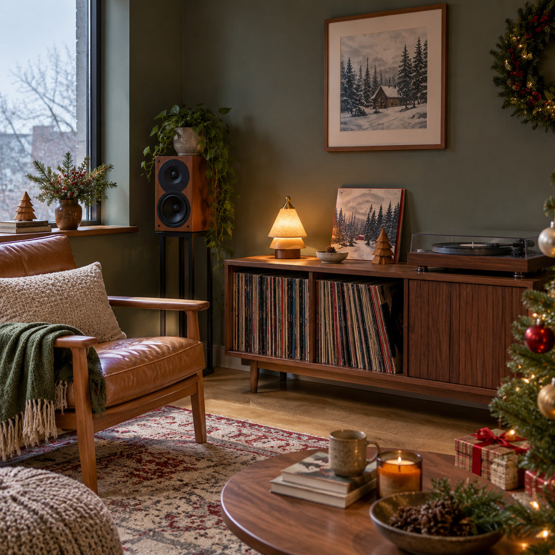 Alberello Christmas tree lamp on a coffee table in a warm living room