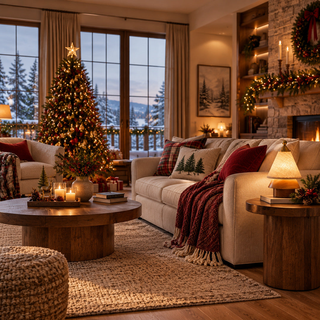 Alberello Christmas tree lamp on a coffee table in a warm living room