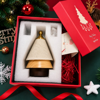 Alberello Christmas tree lamp nestled in a red holiday gift box with a greeting card