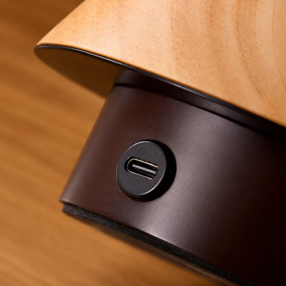 Type-C charging port on the walnut wood base of the Alberello cordless lamp