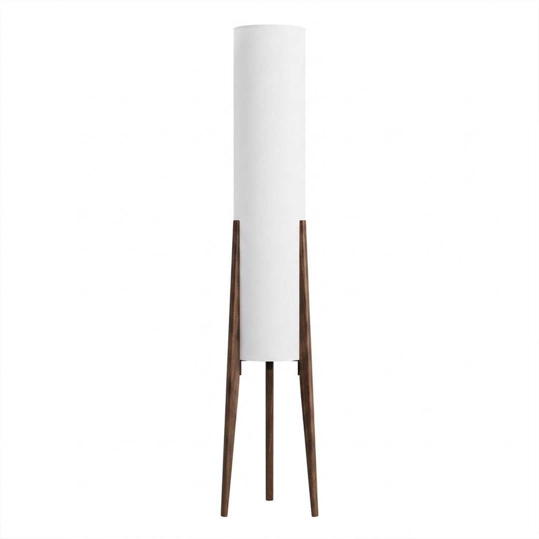 Alto walnut tripod floor lamp beside armchair living room warm light mid century modern interior