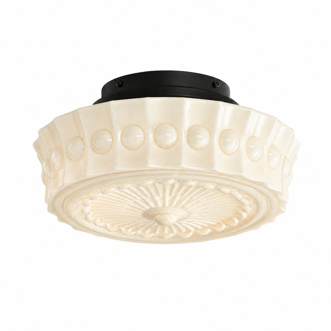 Amalfi round ceiling light creamy patterned milk glass shade black metal mount vintage semi flush white background front view