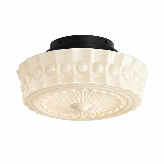 Amalfi round ceiling light creamy patterned milk glass shade black metal mount vintage semi flush white background front view