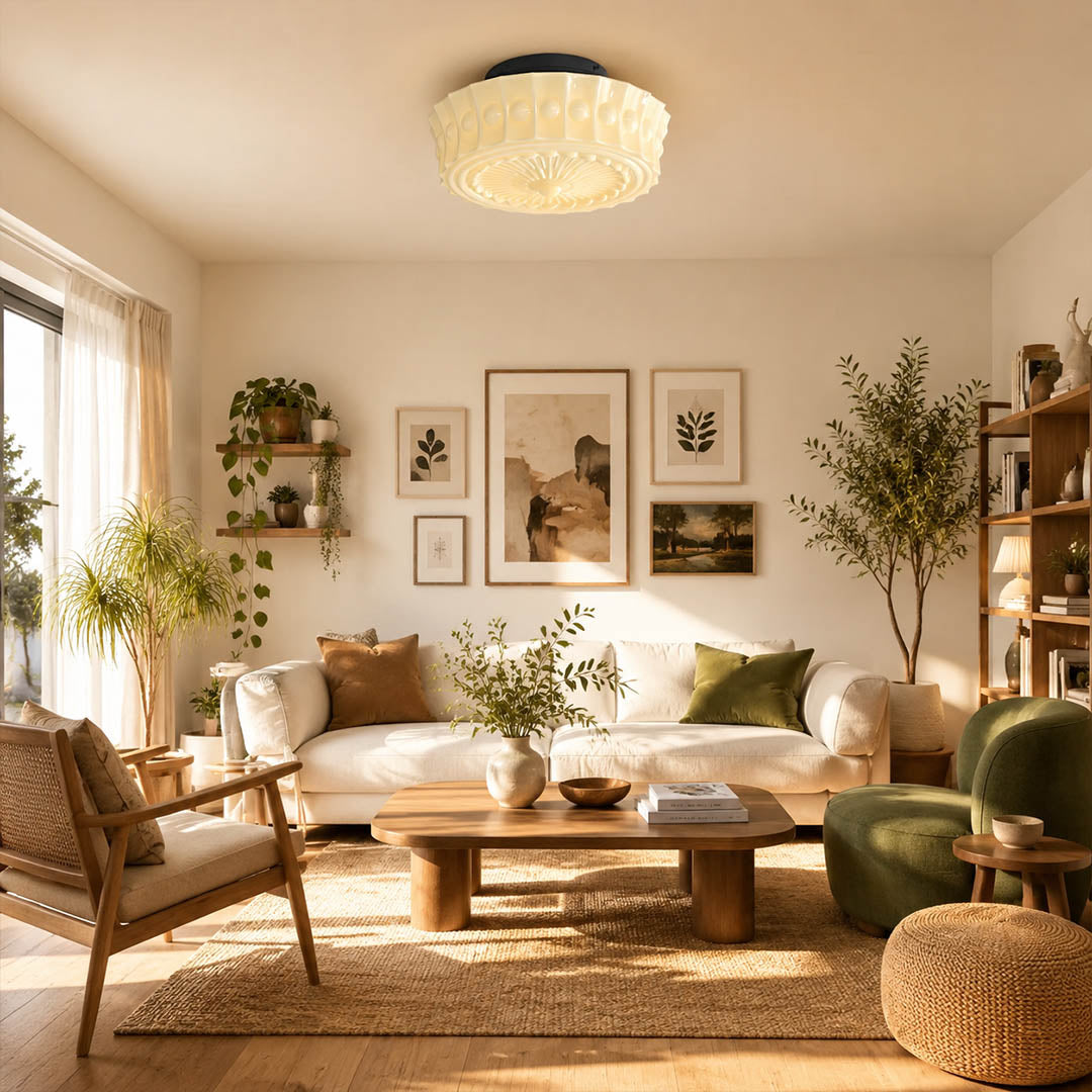 Amalfi round ceiling light living room semi flush patterned milk glass vintage warm American home lifestyle interior styled