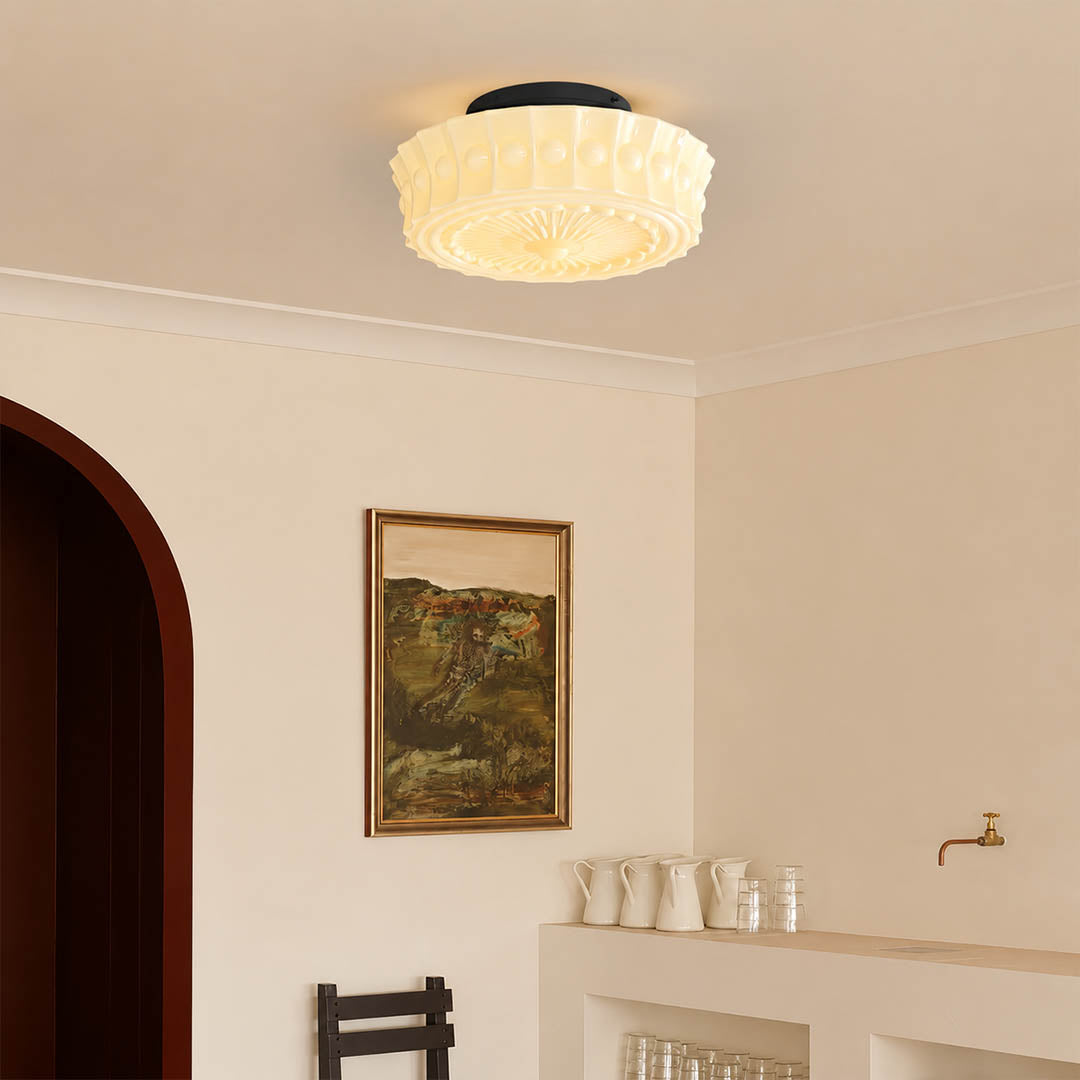 Amalfi round ceiling light entryway foyer semi flush milk glass vintage welcoming American home lifestyle interior styled