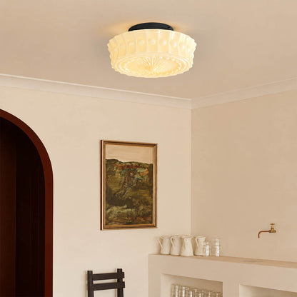 Amalfi round ceiling light entryway foyer semi flush milk glass vintage welcoming American home lifestyle interior styled