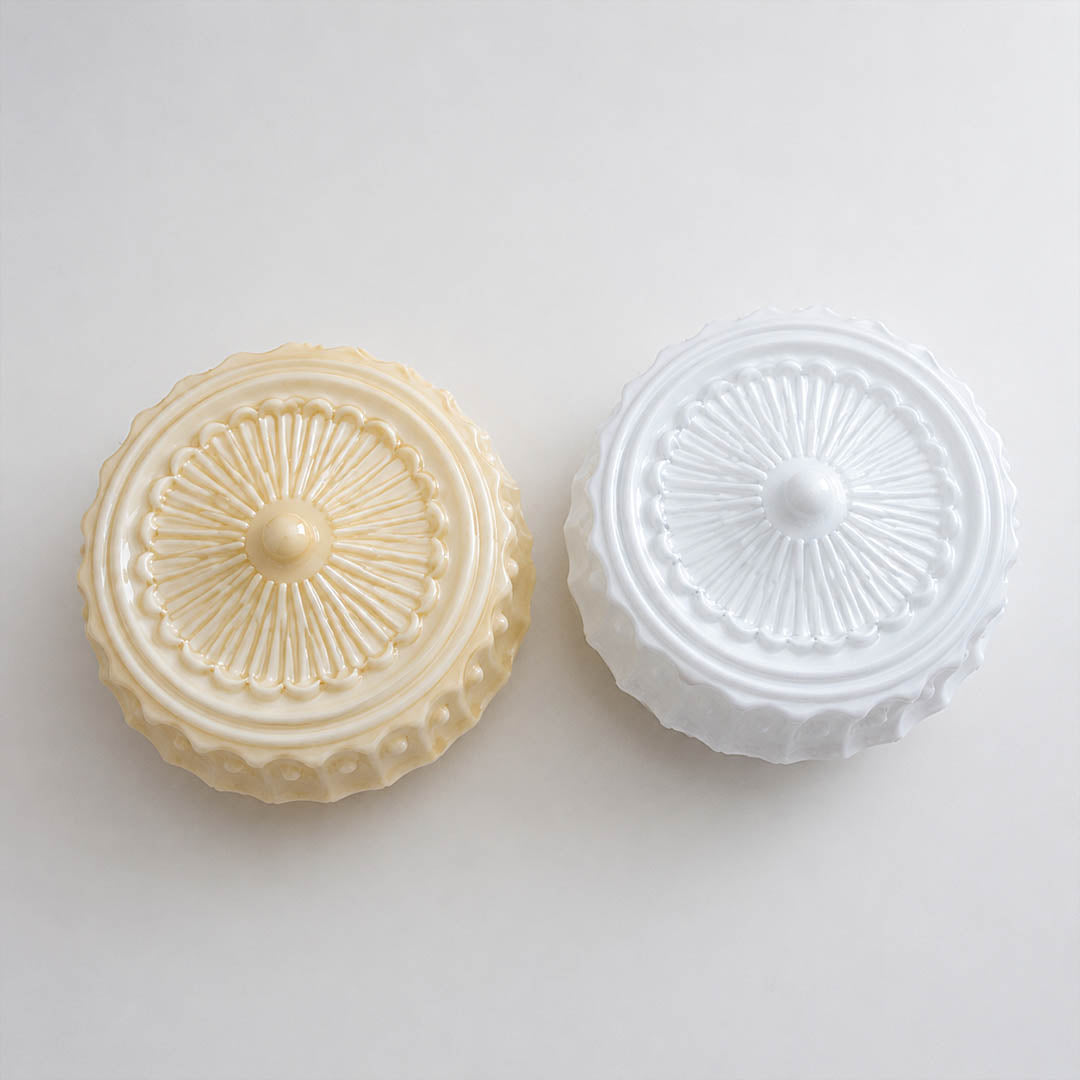 Amalfi round ceiling light creamy white color comparison patterned glass finish side by side mood