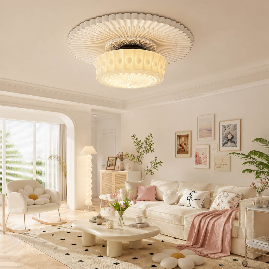 Amalfi round ceiling light living room semi flush patterned milk glass vintage warm American home lifestyle interior styled