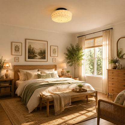 Amalfi round ceiling light bedroom semi flush creamy milk glass warm textured glow vintage American home lifestyle interior styled