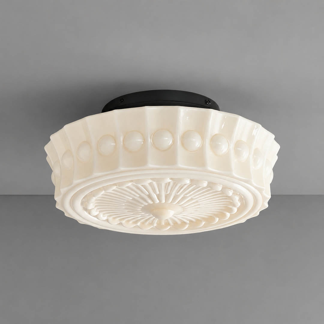 Amalfi round ceiling light creamy patterned milk glass shade black metal mount vintage semi flush white background front view