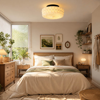 Amalfi round ceiling light bedroom semi flush creamy milk glass warm textured glow vintage American home lifestyle interior styled