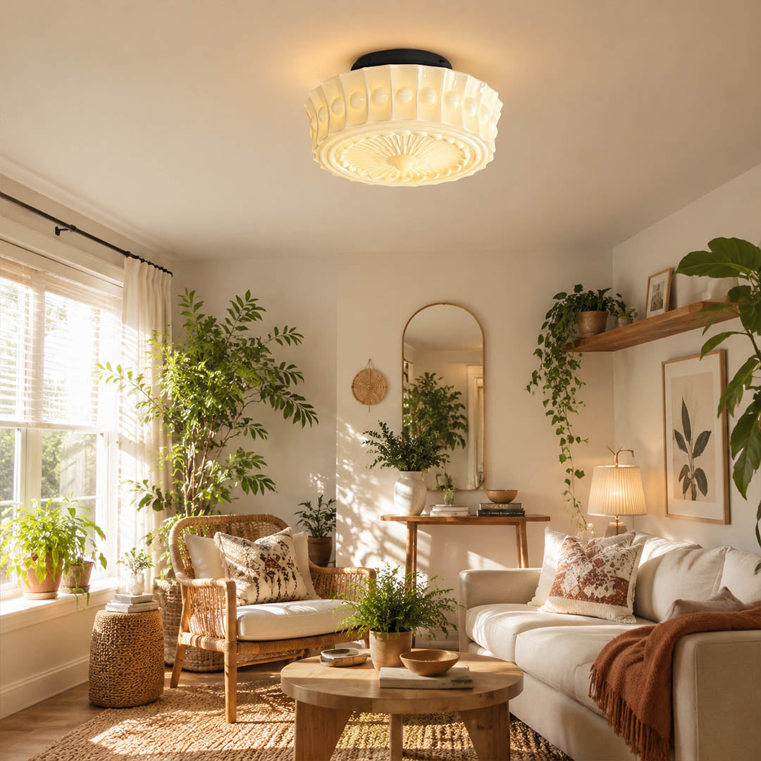 Amalfi round ceiling light living room semi flush patterned milk glass vintage warm American home lifestyle interior styled