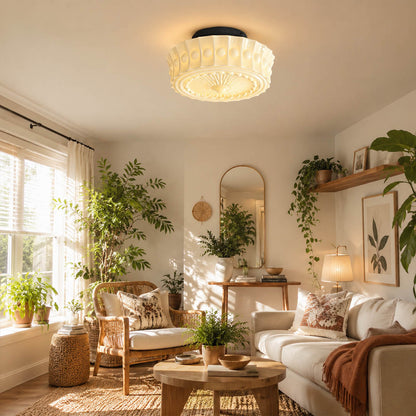 Amalfi round ceiling light living room semi flush patterned milk glass vintage warm American home lifestyle interior styled