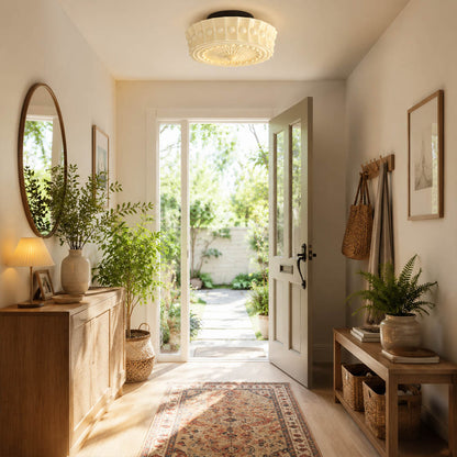 Amalfi round ceiling light entryway foyer semi flush milk glass vintage welcoming American home lifestyle interior styled