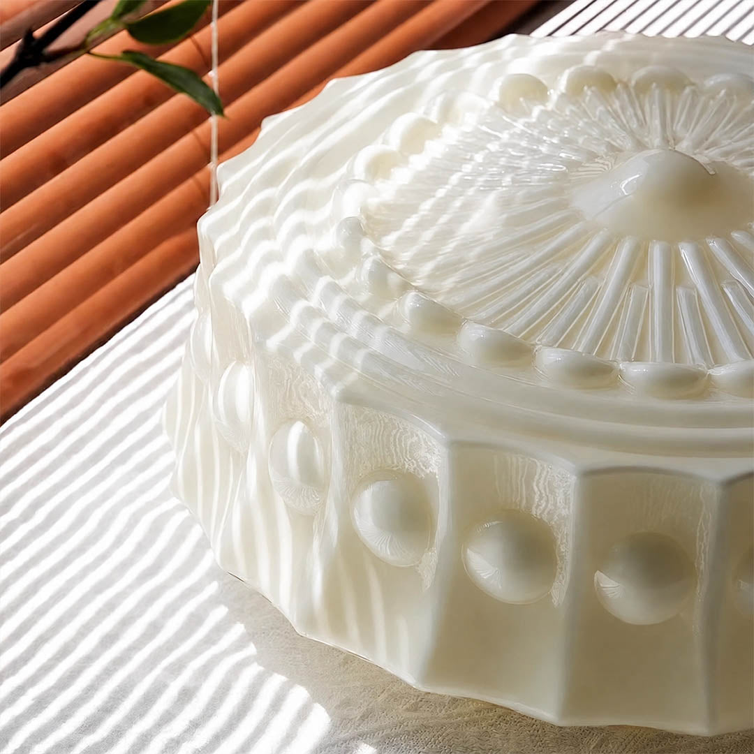 Amalfi round ceiling light embossed lace floral art deco pattern milk glass shade detail close up texture craftsmanship