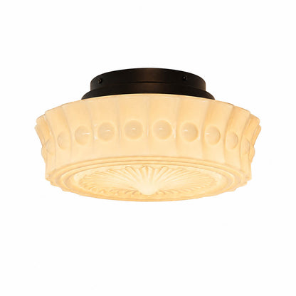 Amalfi round ceiling light illuminated warm 3000K glow patterned milk glass soft textured vintage semi flush white background