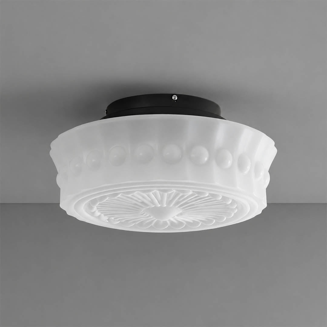 Amalfi round ceiling light white patterned glass shade black metal mount vintage semi flush white background front view