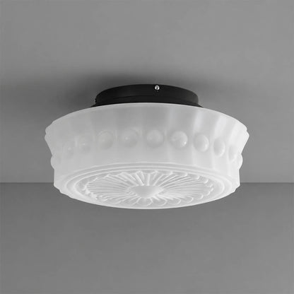 Amalfi round ceiling light white patterned glass shade black metal mount vintage semi flush white background front view