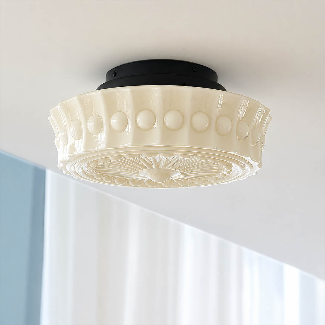 Amalfi round ceiling light embossed lace floral art deco pattern milk glass shade detail close up texture craftsmanship