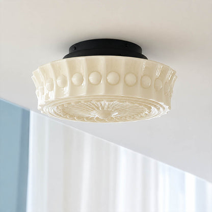 Amalfi round ceiling light embossed lace floral art deco pattern milk glass shade detail close up texture craftsmanship