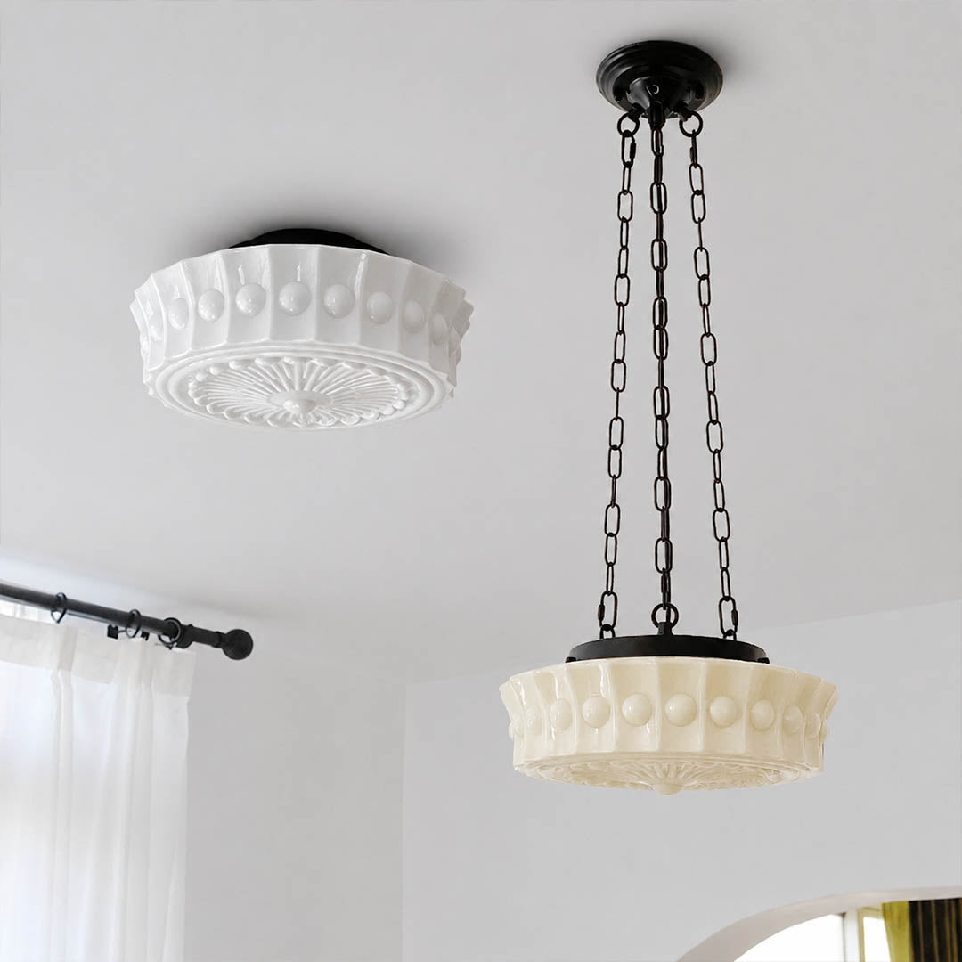 Amalfi round ceiling light creamy white color comparison patterned glass finish side by side mood