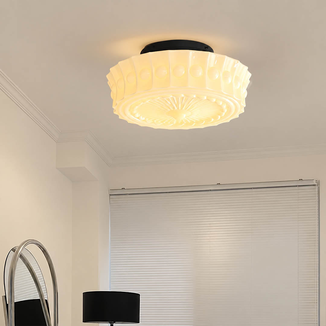 Amalfi round ceiling light entryway foyer semi flush milk glass vintage welcoming American home lifestyle interior styled