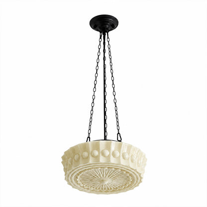 Amalfi round pendant light creamy patterned milk glass dome black metal warm light vintage hanging white background front view