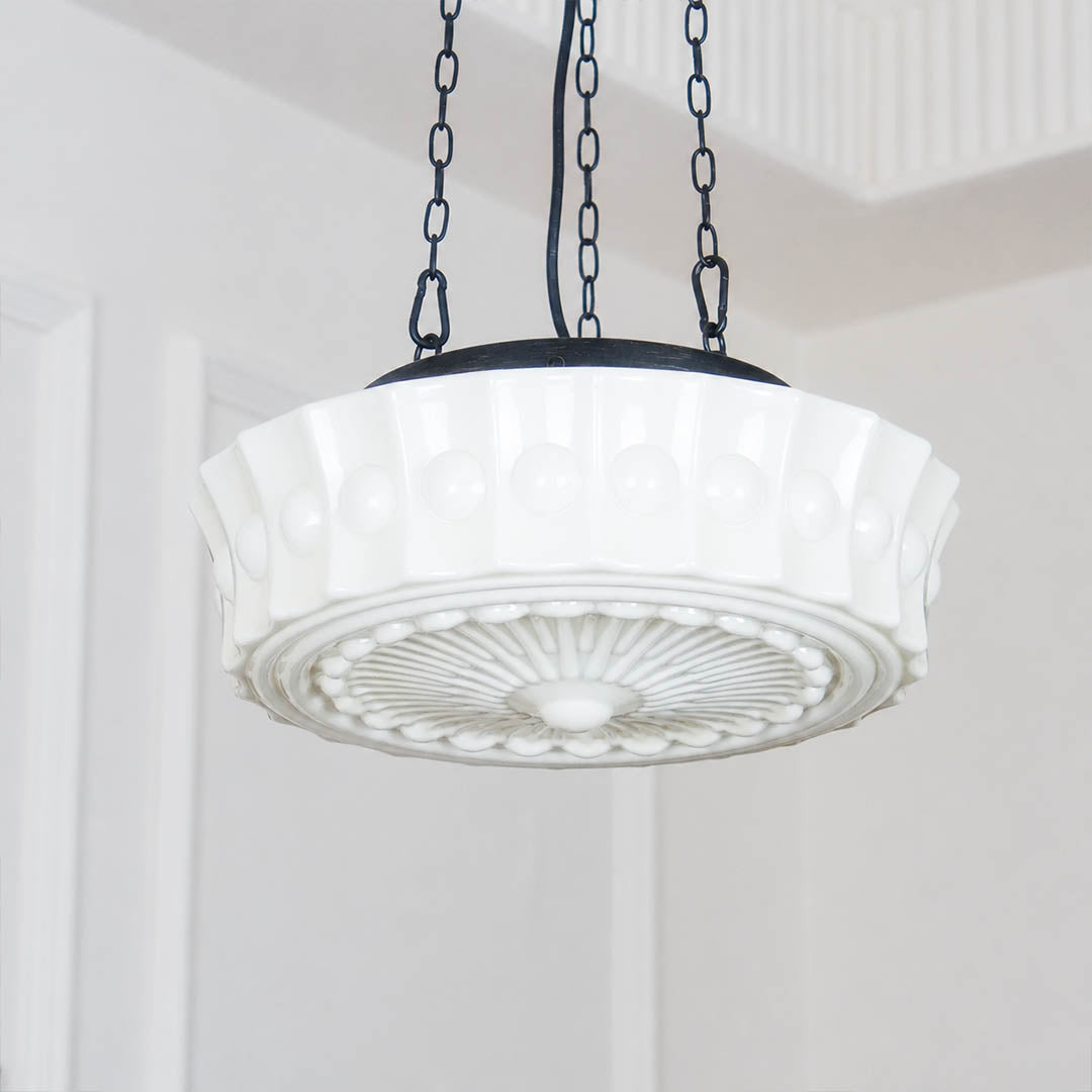 Amalfi round pendant light embossed lace floral art deco pattern milk glass dome detail close up texture craftsmanship