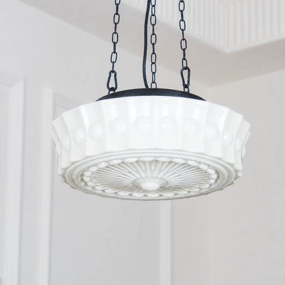 Amalfi round pendant light embossed lace floral art deco pattern milk glass dome detail close up texture craftsmanship