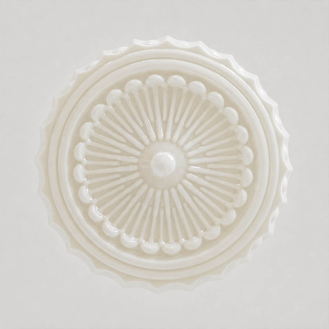 Amalfi round pendant light round dome shape side view profile patterned milk glass black metal vintage
