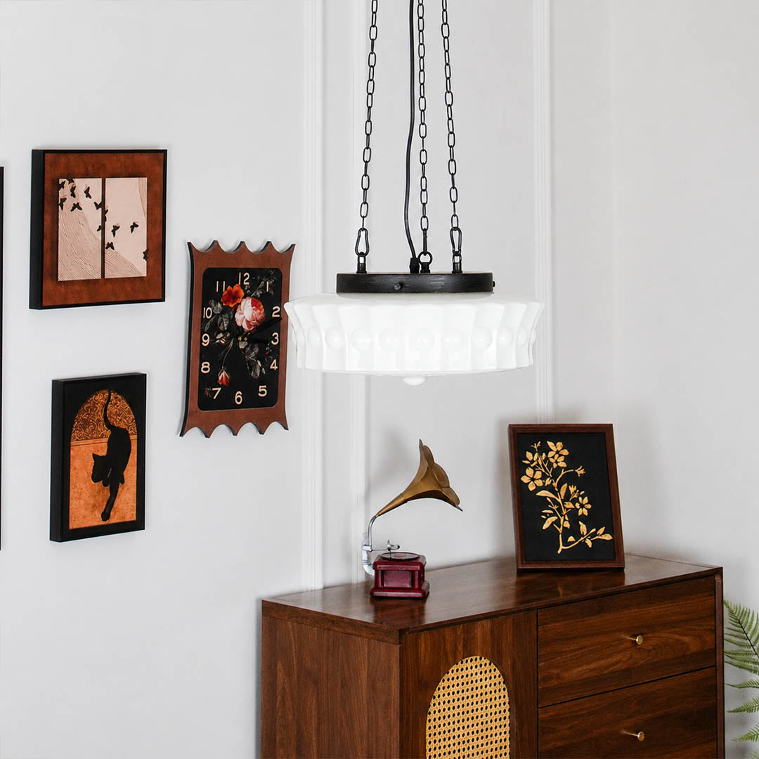 Amalfi round pendant light round dome shape side view profile patterned milk glass black metal vintage