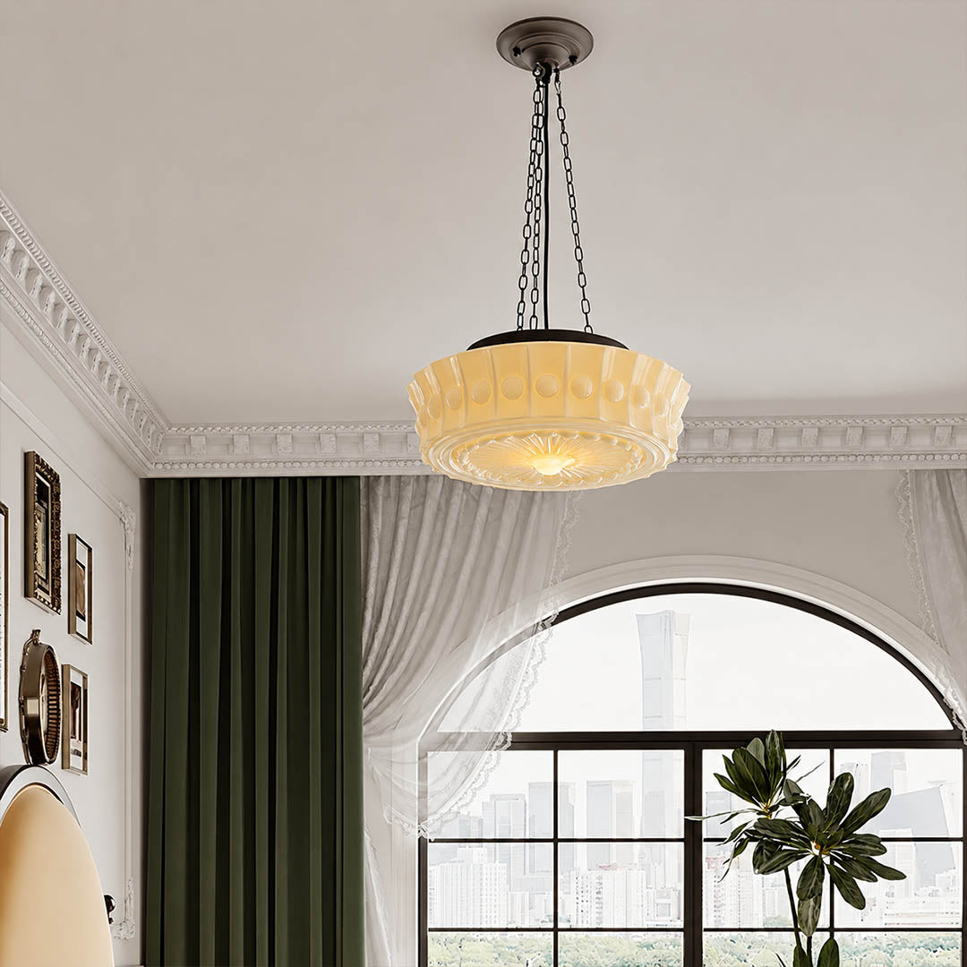 Amalfi round pendant light black metal canopy chain suspension detail close up quality solid hardware