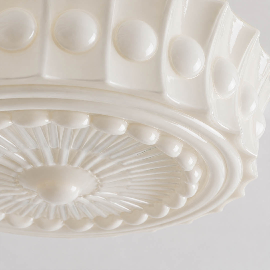 Amalfi round pendant light embossed lace floral art deco pattern milk glass dome detail close up texture craftsmanship