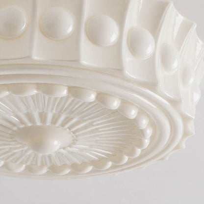 Amalfi round pendant light embossed lace floral art deco pattern milk glass dome detail close up texture craftsmanship