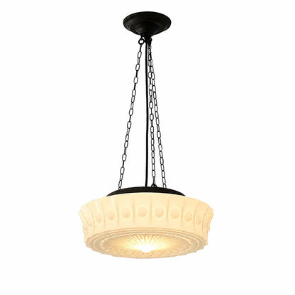 Amalfi round pendant light illuminated warm glow patterned milk glass dome soft textured vintage hanging white background