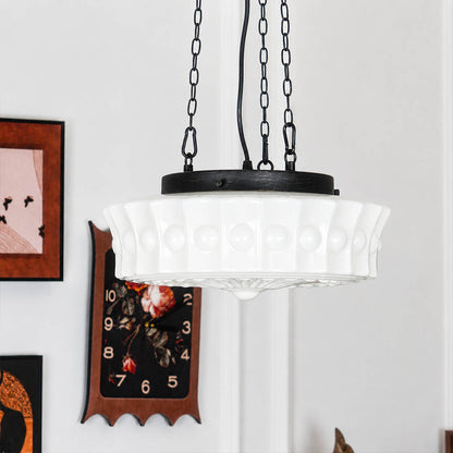 Amalfi round pendant light black metal canopy chain suspension detail close up quality solid hardware