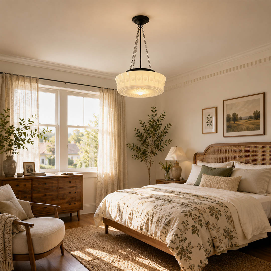 Amalfi round pendant light bedroom bedside hanging milk glass dome vintage soft warm American home lifestyle interior styled