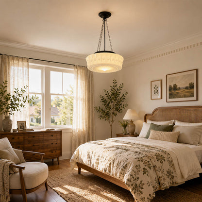 Amalfi round pendant light bedroom bedside hanging milk glass dome vintage soft warm American home lifestyle interior styled