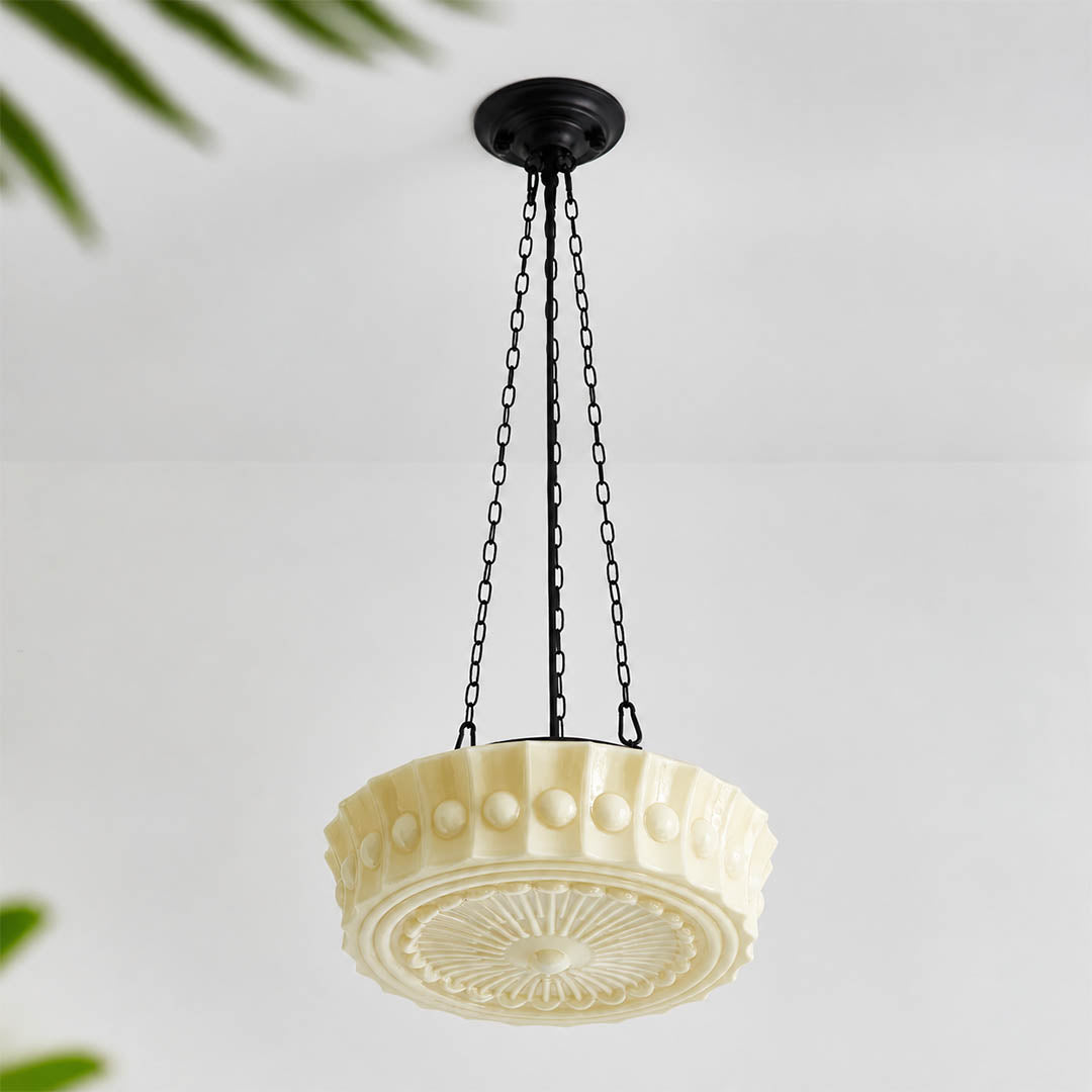 Amalfi round pendant light creamy patterned milk glass dome black metal warm light vintage hanging white background front view