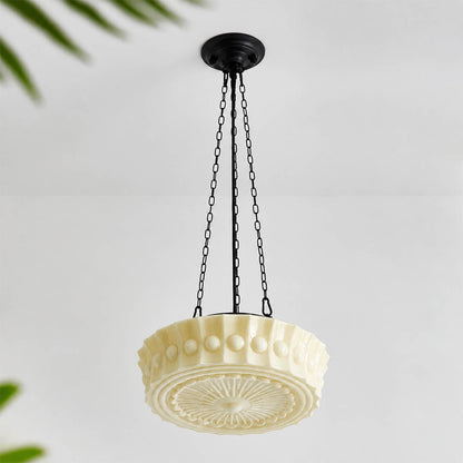 Amalfi round pendant light creamy patterned milk glass dome black metal warm light vintage hanging white background front view